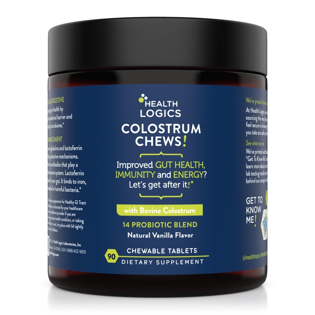 Health Logics Colostrum Chews- Colostrum Supplement 25% IgG for Gut Health, immunforsvar, hårvækst, Vanilla Flavor, 90 Servering, Hele Bovine Colostrum Superfood