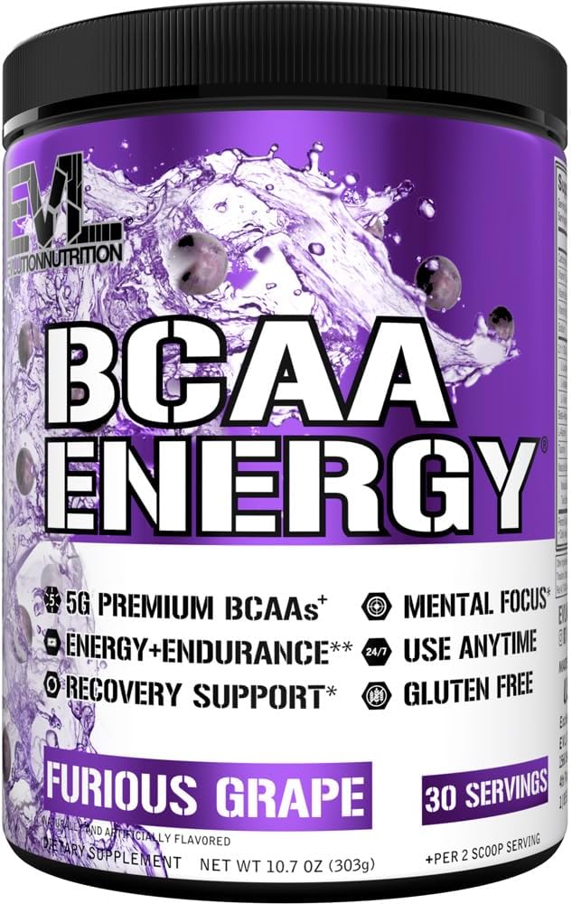 EVL BCAAs Aminosyrer Powder - BCAA Energy Pre Workout Powder for Muscle Recovery Lean Growth and Endurance - Rehydrating Post Workout Recovery Drik med naturlig koffein - Furious Grape