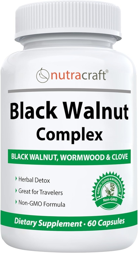 Nutracraft Black Walnut Detox Cleanse Supplements 124; Black Walnut, Wormwood, Clove, PAU D 'Arco, Pumpkin Seed, Hvidløg, Zinkcreme 124; Intestinal Guard for Humans