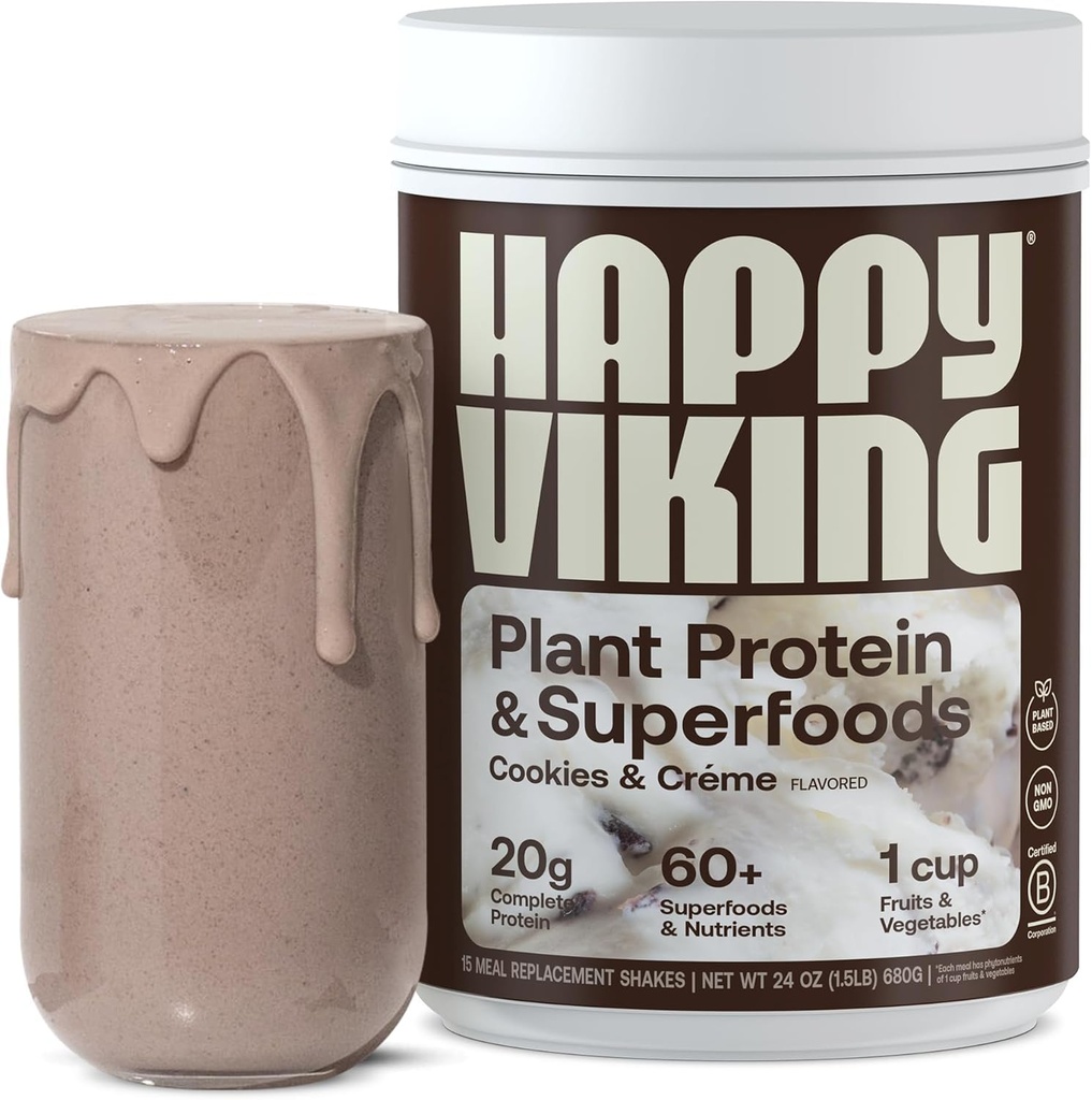 Happy Viking Cookies and Cream Plant Protein Powder, created by Venus Williams, 20G Protein, Low Carb, Keto, Vegan, Gluten- Free, Non- GMO, Superfoods, Complete Meal Erstatning, 1 Canister