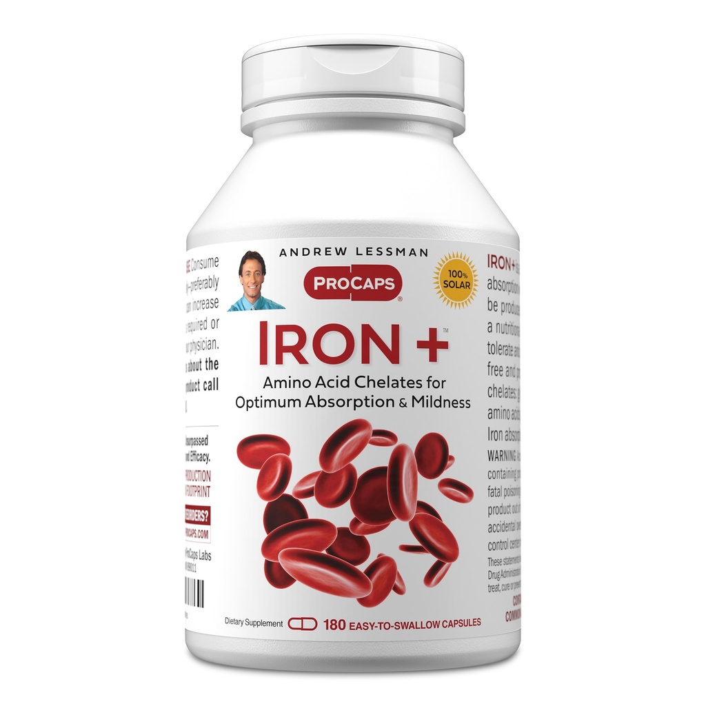ANDREW LESSMAN Iron Plus 180 kapsler - 18mg jern, 100% Pure Aminosyre Chelated Iron (Glycinat, Aspartat), Plus C-vitamin for øget absorption, lille, let at synke kapsler, ingen tilsætningsstoffer