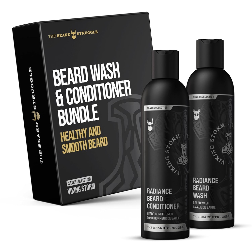 The Beard Struggle - Radiance Beard Wash & Conditioner Bundle - Sølv Collection - Pack of 2, Viking Storm - Nourish, Rense, Softens, & Stronthers Beard - Beard Wash og Conditioner til mænd