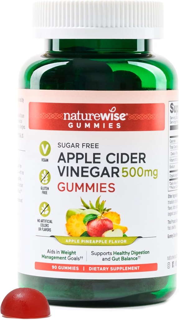 NatureWise Apple Cider Vinegar ACV Gummies - 1000mg ACV per 2, Sugar Free, Vegan - Energy & Gut Health - ACV Gummies W / Vitamin B12- 90 Gummies [1.5 - Måned Supply for 1000mg / 3- Måned Supply for 500mg]
