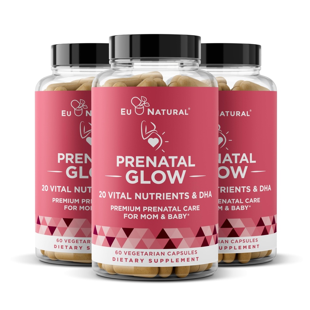 Glow prænatale vitaminer til kvinder 3- Pack Bundle - 20-in-1 Vital Nutrients for Sund Graviditet og Føtale Udvikling - Folinsyre & Vegan DHA For Baby 's Growth & A Komfortabel Graviditet - 180 Kapsler
