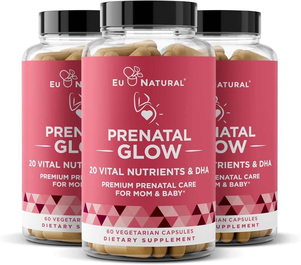 Glow prænatale vitaminer til kvinder 3- Pack Bundle - 20-in-1 Vital Nutrients for Sund Graviditet og Føtale Udvikling - Folinsyre & Vegan DHA For Baby 's Growth & A Komfortabel Graviditet - 180 Kapsler