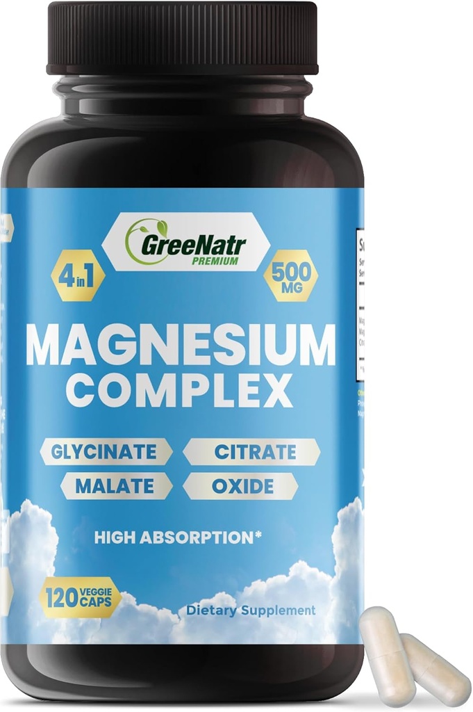 GreeNatr Magnesium Complex Supplement - Magnesium Kosttilskud med Glycinat, Citrat, Malat & Oxide - Magnesiumtabletter til fordøjelse, søvn, hjerte sundhed, & energi - Magnesiumvitaminer 120 Tæller