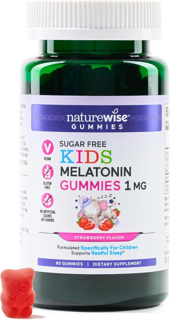 NatureWise Kids Melatonin 1 mg Sugar- Free Gummies for Children Age 4 & Up - Non-Habit Danning Sleep Aid - Strawberry Flavored - Vegan, No Gluten, Non- GMO - 60 Greve [2 - Måned Supply]