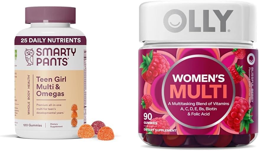 SmartyPants Teen Girl Multivitamin Gummies med Omega 3 Fiskeolie, Vitamin D3, C, B12, B6, A, K, Zink & OLLY Kvinder Multivitamin Gummy med Vitamin A, D, C, E, Biotin, Folinsyre, Berry Flavor