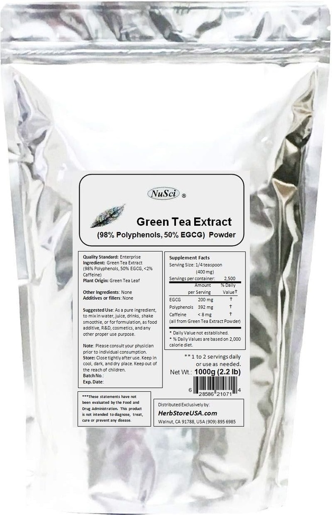 Green Tea Extract Bulk Powder Standardized 98% polyphenoler og 50% EGCG GMO gratis ikke-bestrålet (1000 gram (2,2 lb))