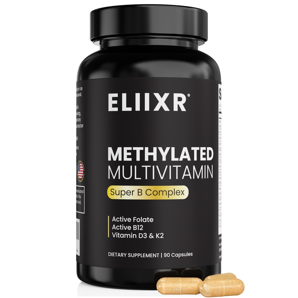Eliixr Metyleret multivitamin supplement til mænd og kvinder, med 1500mcg aktiv folat og 500mcg aktiv B12 i hver kapsel. 60 kapsler, 60- dages forsyning, jernfri, Lavet i USA