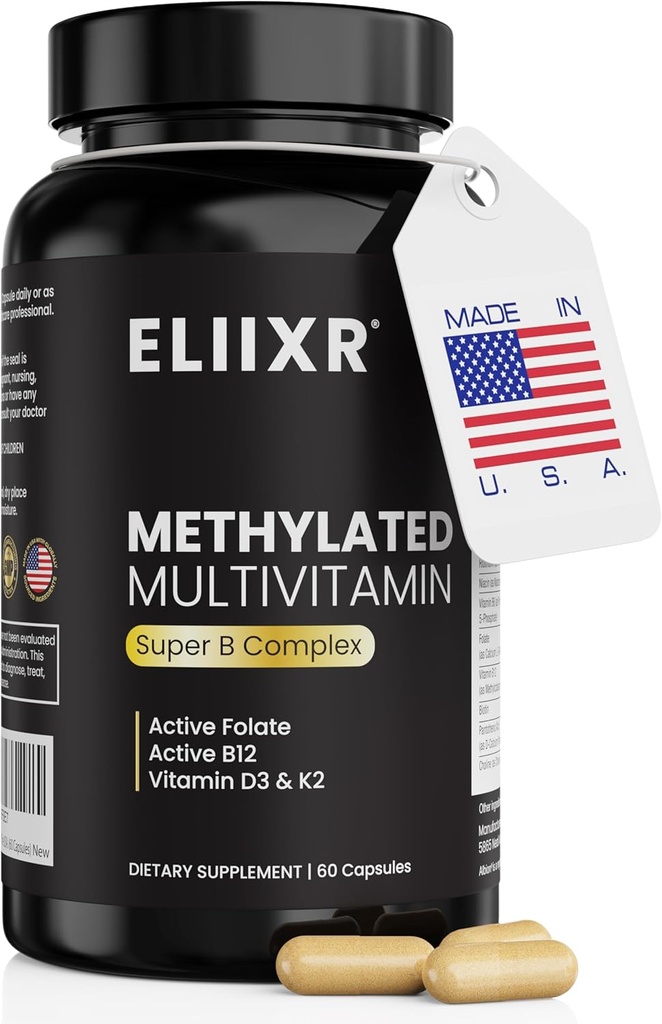 Eliixr Methylated Multivitamin Supplement for Men and Women, with 1500mcg of Active Folate and 500mcg of Active B12 in Each Capsule. 60 Capsules, 60-Day Supply, Iron Free, Made in The USA