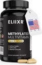 Eliixr Metyleret multivitamin supplement til mænd og kvinder, med 1500mcg aktiv folat og 500mcg aktiv B12 i hver kapsel. 60 kapsler, 60- dages forsyning, jernfri, Lavet i USA