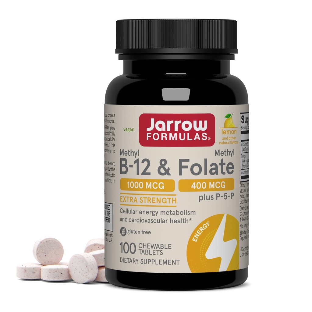 Jarrow Formulas Methyl B- 12 1000 MCG og methylfolat 400 MCG, Ekstra Styrke, Cellular Energy Metabolisme og Kardiovaskulær Health Formel (1) Med P- 5- P, 100 tyggetabletter, Op til en 100 dages forsyning