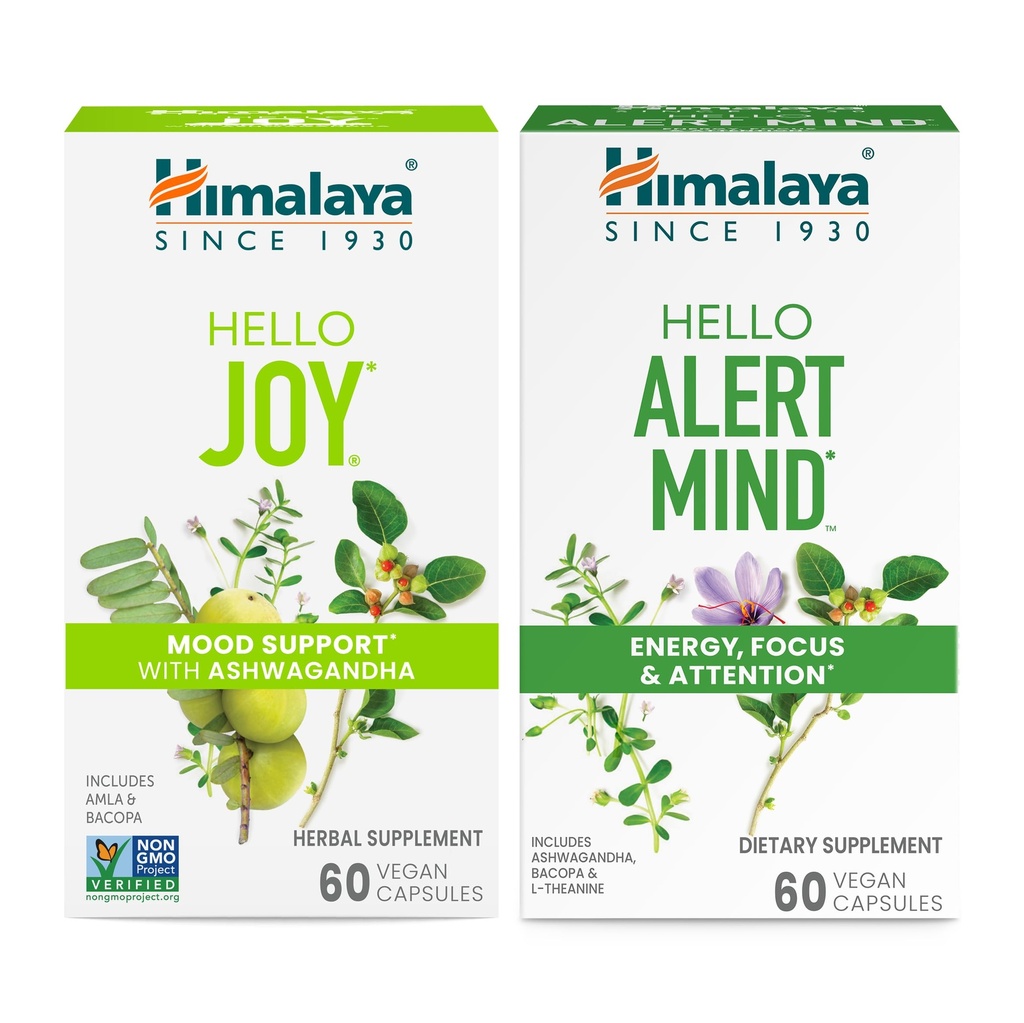 Himalaya Hello Joy med Ashwagandha til forbedring af mad og spiritus & Himalaya Hello Alert Mind med Bacopa for Energy, Focus & Opmærksomhed, Herbal supplement, 60 Kapsler Hver