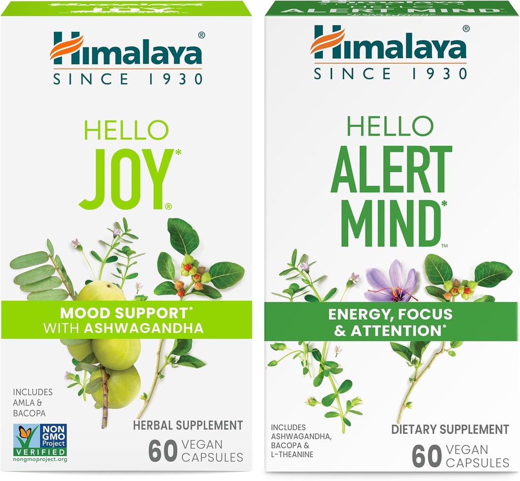 Himalaya Hello Joy med Ashwagandha til forbedring af mad og spiritus & Himalaya Hello Alert Mind med Bacopa for Energy, Focus & Opmærksomhed, Herbal supplement, 60 Kapsler Hver