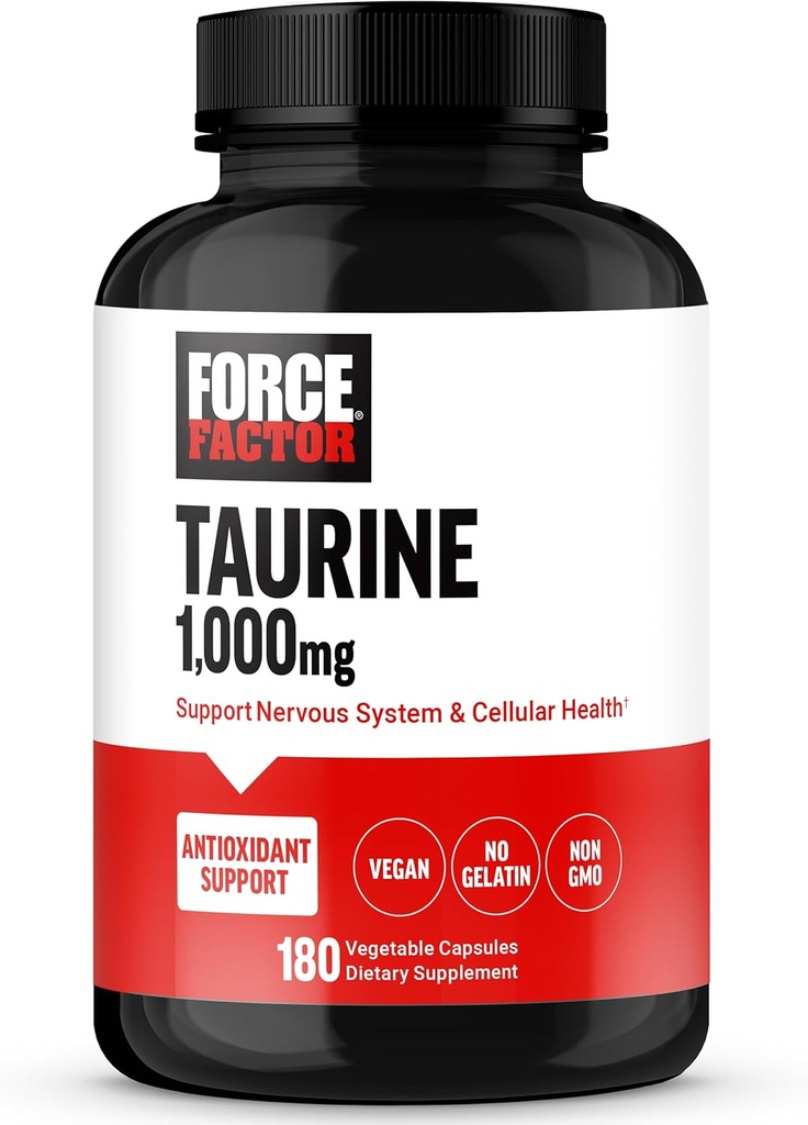 FORCE FACTOR Taurine Supplement, Taurine 500mg kapsler Antioxidant supplement til støtte nervesystemet og cellulær sundhed, Vegan, No Gelatine, Non- GMO, 180 Vegetabilske kapsler