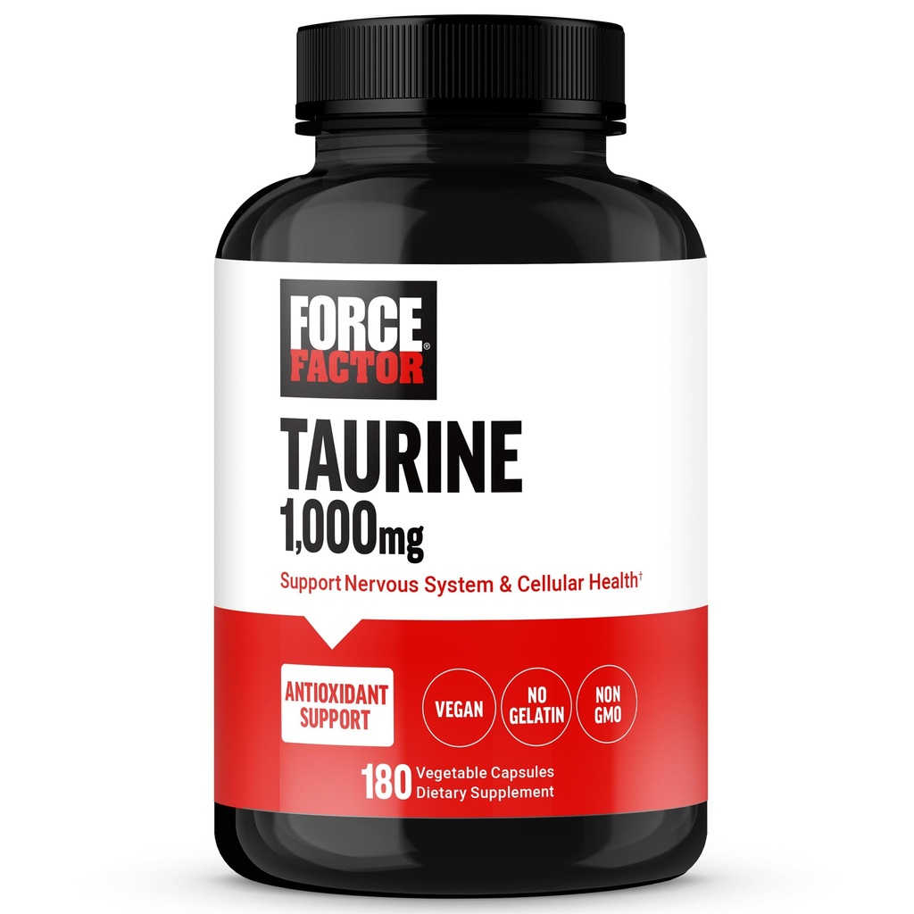 FORCE FACTOR Taurine Supplement, Taurine 500mg kapsler Antioxidant supplement til støtte nervesystemet og cellulær sundhed, Vegan, No Gelatine, Non- GMO, 180 Vegetabilske kapsler