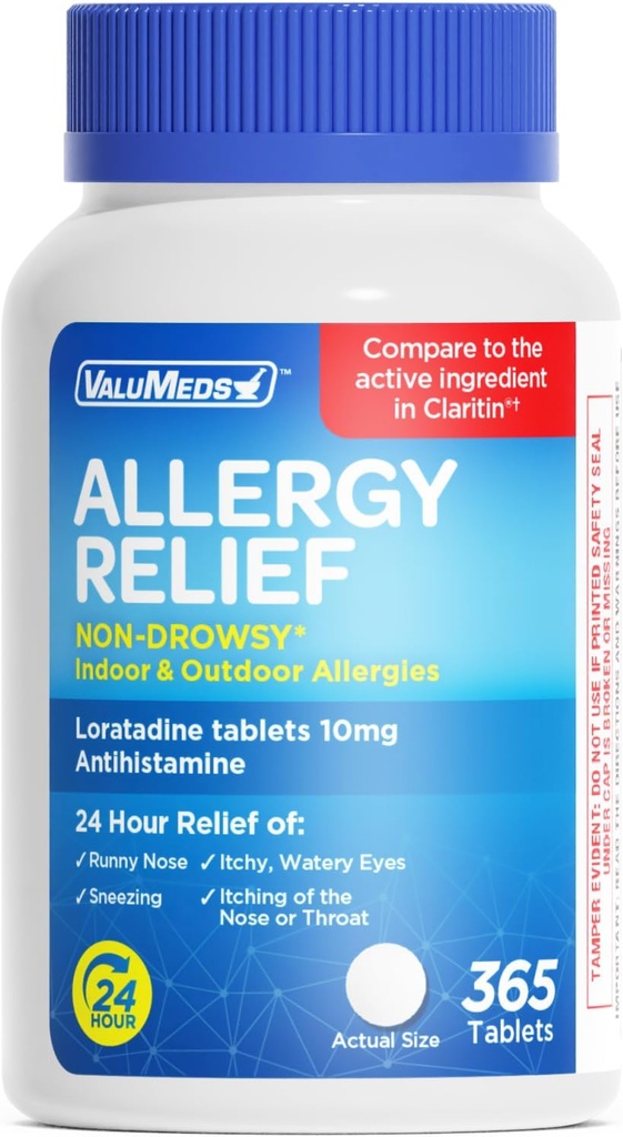 ValuMeds Lorumeds 10mg non- Drowsy 24- Hour Allergy Relief Indendørs & Udendørs; All- Day Antihistamin Alergy / Sinus piller til Runny Næse, Nysen, Itchy, Watery Eyes 124; Sammenlign med Claritin Means 124; 365 tabletter
