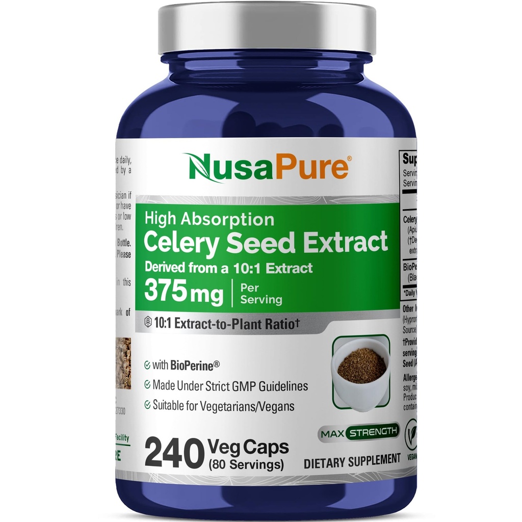 NusaPure Sellery Seed Capsules 10: 1 Extract, 375 mg Tilsvarende 3750mg, 240 Veggie Caps, Non- GMO, Vegan