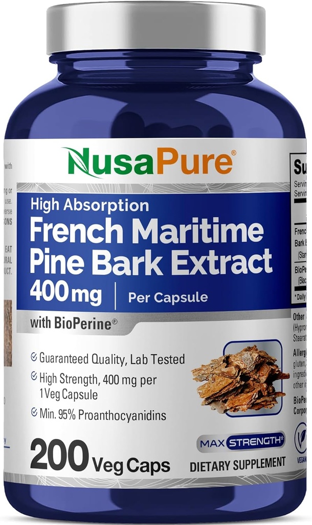 NusaPure French Maritime Pine Bark Extract 400mg per Veggie Caps 200- Day Supply Bioperine Non- GMO Vegan