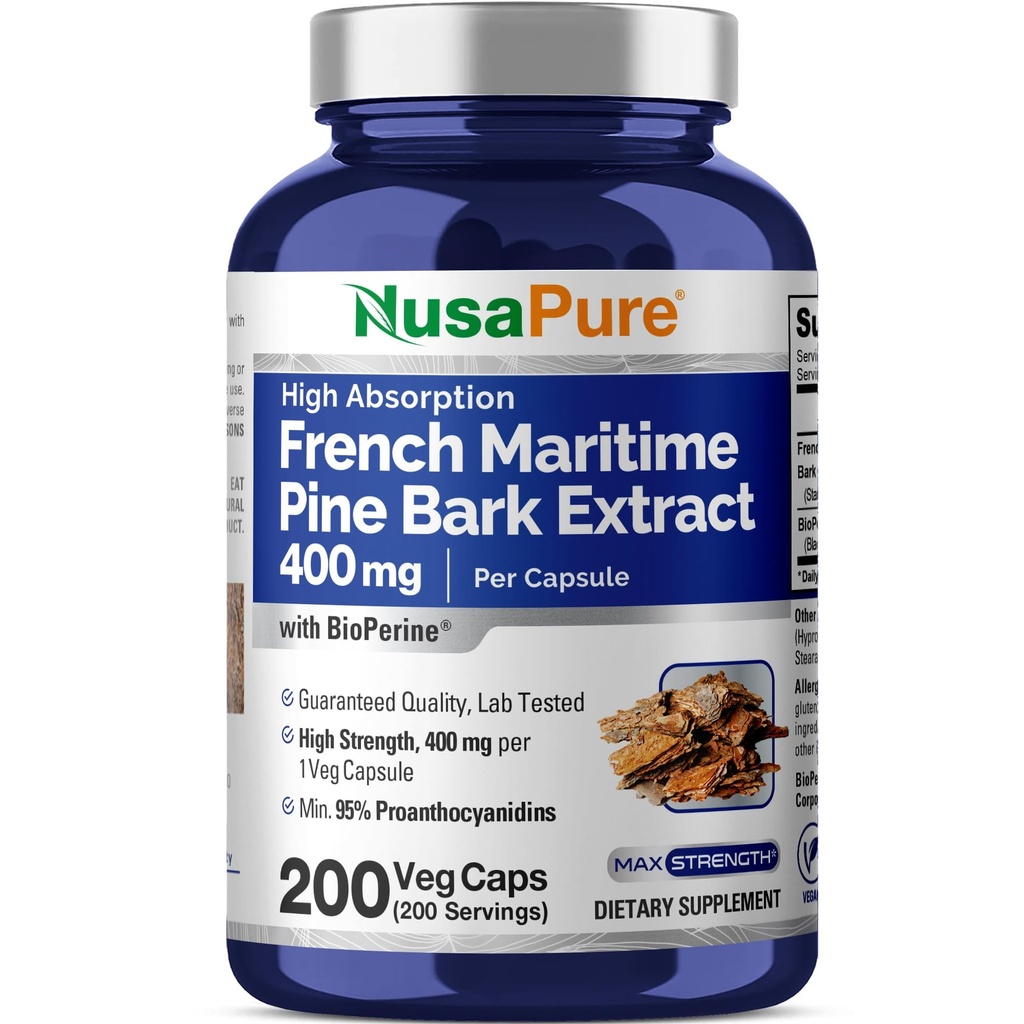 NusaPure French Maritime Pine Bark Extract 400mg per Veggie Caps 200- Day Supply Bioperine Non- GMO Vegan