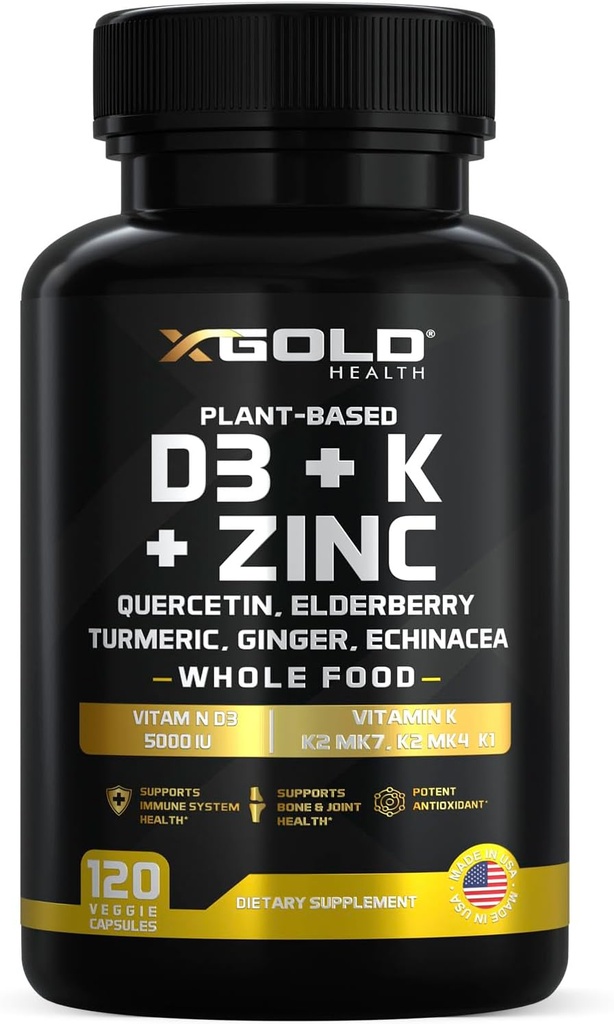 Vitamin D, K2, K1, Zink, Quercetin, Elderberry, Gurkemeje, Ginger & Echinacea Hele fødevaren Supplement 8 i 1- D3 5000 IE Plant- Baseret på Lichen, vitamin K (K2 MK7, MK4, K1), D3 K2 Vitaminer - 120 Kapsler