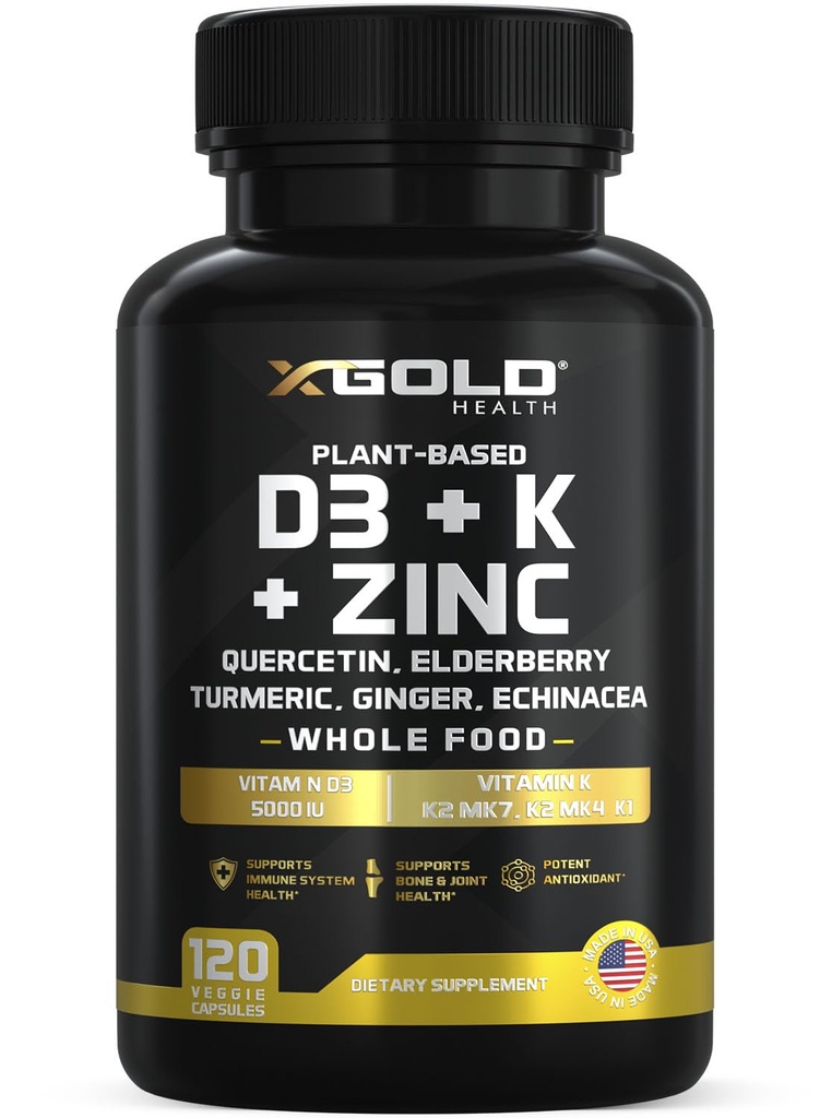 Vitamin D, K2, K1, Zink, Quercetin, Elderberry, Gurkemeje, Ginger & Echinacea Hele fødevaren Supplement 8 i 1- D3 5000 IE Plant- Baseret på Lichen, vitamin K (K2 MK7, MK4, K1), D3 K2 Vitaminer - 120 Kapsler