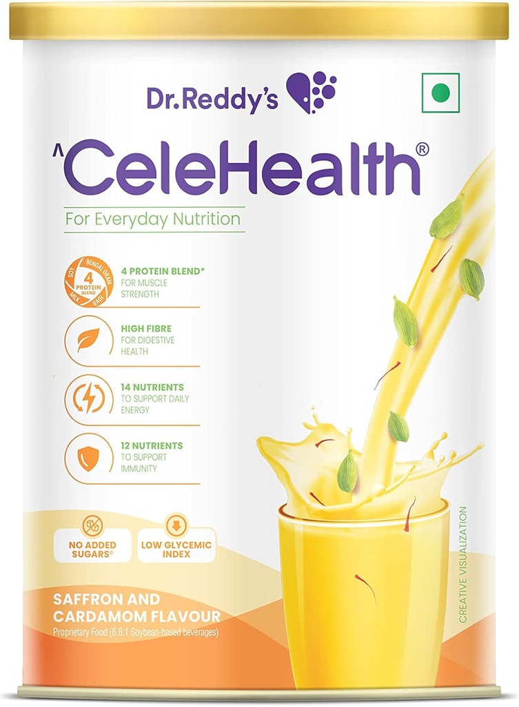 Dr. Reddy 's Celehealth Nutritional Drink, protein supplement til daglig brug, lav glycemisk indeks, nul tilsat sukker, safran og Cardamon Flavour, 400g, gul