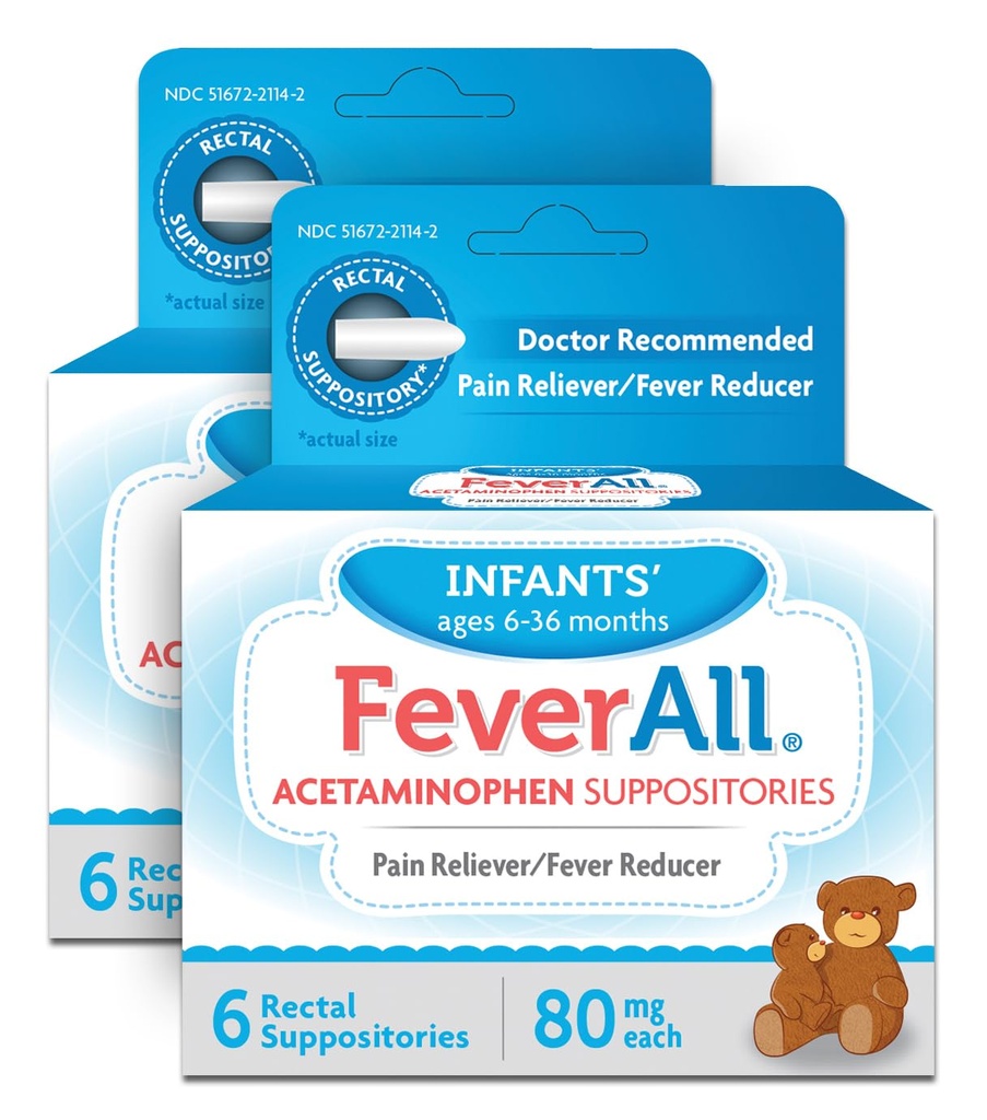 Feverall Infant Acetaminophen Suppositorier 6 Rektal Suppositorier 80mg Hver smertestillende / Fever Reducer. Paraben Free, Ingen kunstige farver eller andre konserveringsmidler. Alder 6-36 måneder. Værdi 3 pakke.