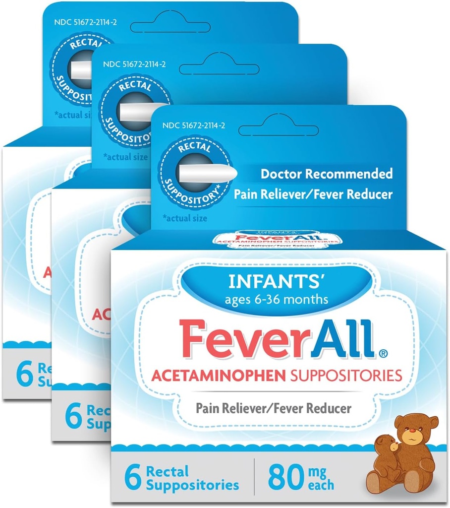Feverall Infant Acetaminophen Suppositorier 6 Rektal Suppositorier 80mg Hver smertestillende / Fever Reducer. Paraben Free, Ingen kunstige farver eller andre konserveringsmidler. Alder 6-36 måneder. Værdi 3 pakke.