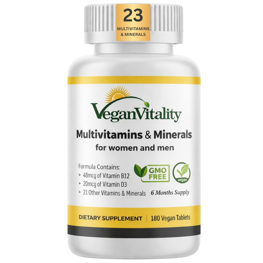 Vegansk Vitality Multivitaminer & Mineraler til kvinder og mænd med høj styrke Vitamin B12, D3 & K2. 180 Vegan Multivitamin Tablets - 6 Måneder Tilgang. Vitaminer til vegetarer og vegetarer