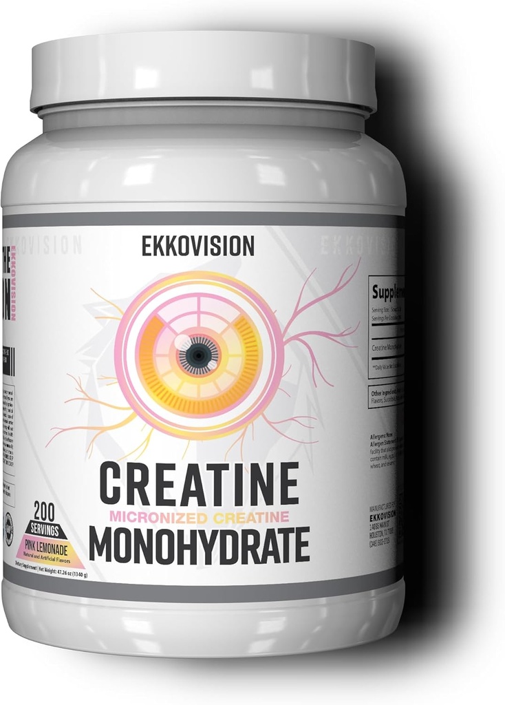 Ekkovision Creatin monohydrat pulver, mikroniseret, Pink Lemonade, Pre Workout & Post Workout supplement til mænd og kvinder, energistøtte, Let at blande i shakes, Smoothies & drikkevarer, 200 Servere