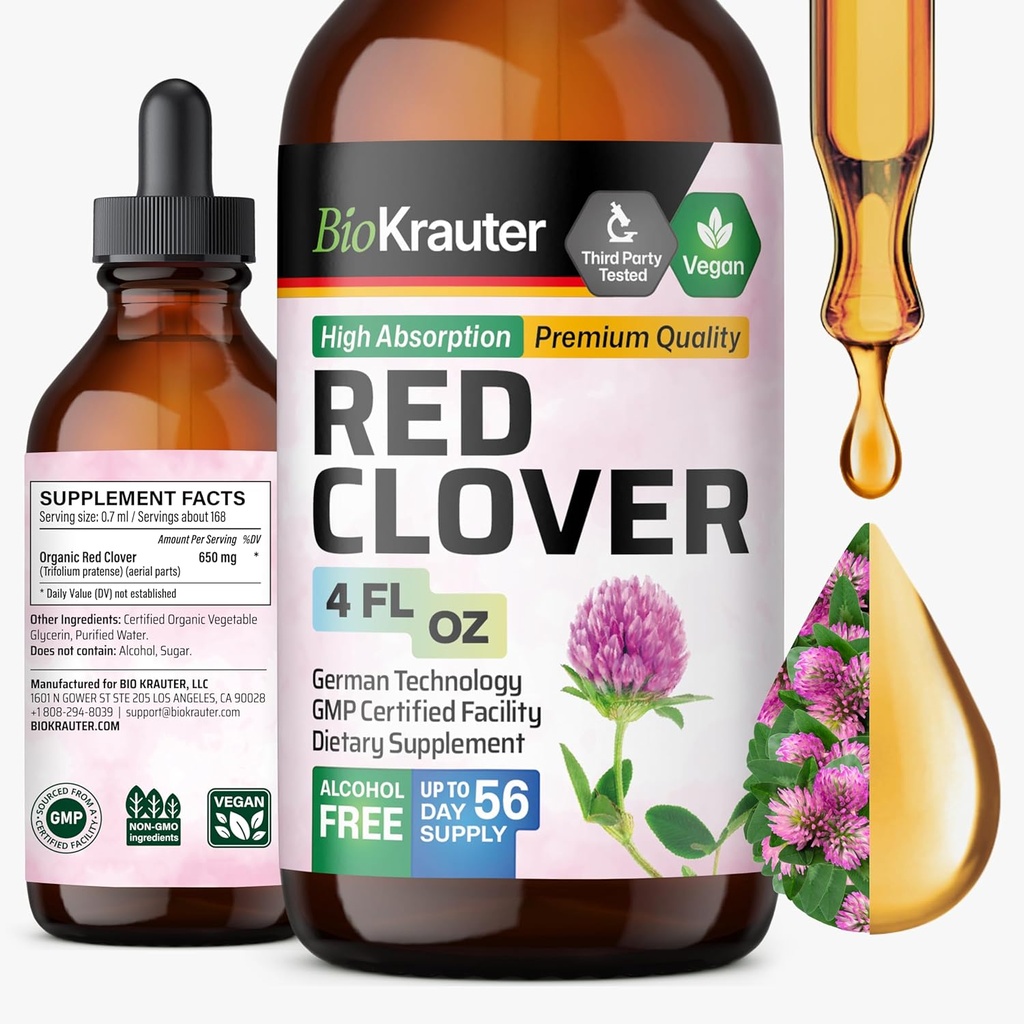 BIO KRAUTER Red Clover Tinktur - Rød Clover Extract - Flydende supplement til kvinders støtte - Alkohol og sukker fri - Vegansk Drops 4 Fl.Oz.
