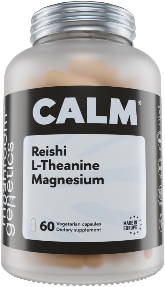 Mushroom Genetics Reishi, L- Theanin & Magnesium Supplement - Adaptogen Mushroom Kapsler 124; Stress Relief supplement til afslapning, søvn & immunt sundhed