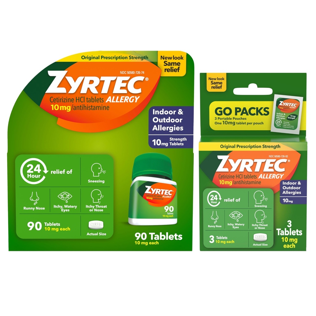 Zyrtec 24 timers Allergi Relief tabletter, Indendørs & Udendørs Allergi Medicin med 10 mg Cetirizin Hydroklorid Antihistamin, Værdi Bundle af en, 90 ct Flaske & Tre, 1 ct Rejsepakker