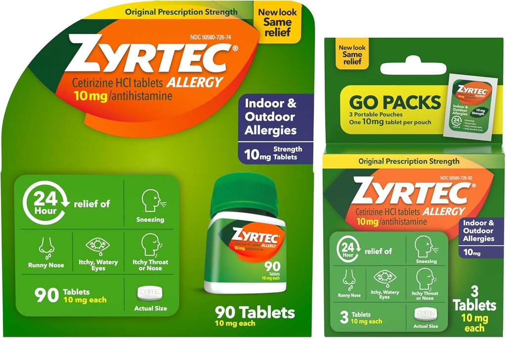 Zyrtec 24 timers Allergi Relief tabletter, Indendørs & Udendørs Allergi Medicin med 10 mg Cetirizin Hydroklorid Antihistamin, Værdi Bundle af en, 90 ct Flaske & Tre, 1 ct Rejsepakker