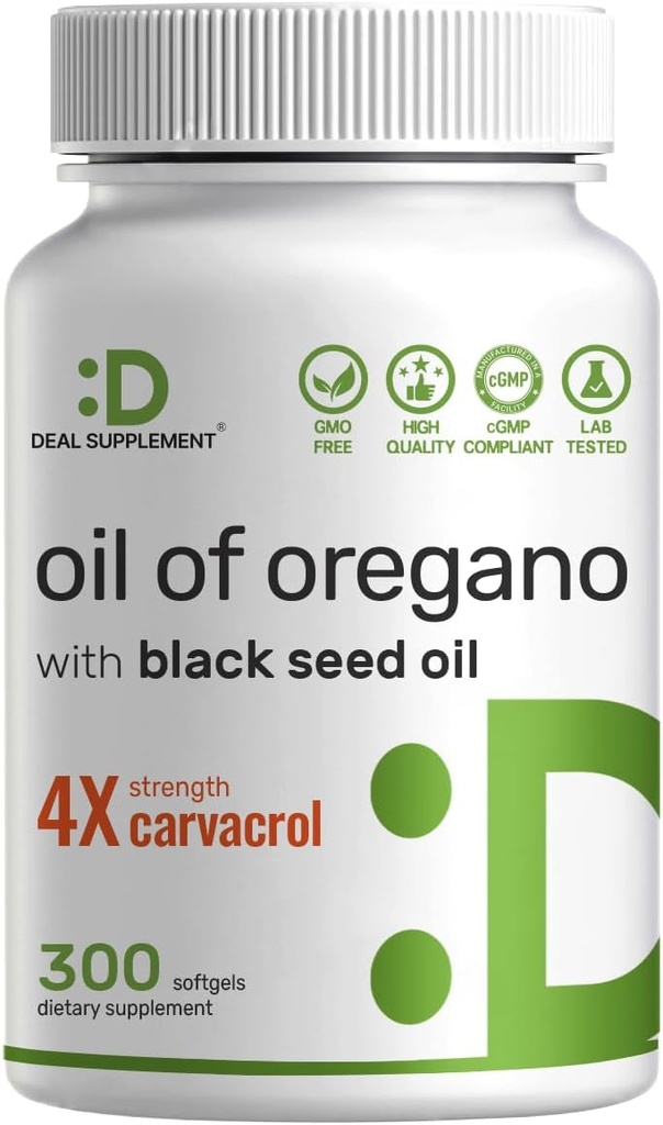 DEAL TILLÆG Olie af Oregano Softgels med Black Seed Oil 300 Count - 30: 1 Uddrag, Active Carvacrol & Thymoquinon - Antioxidant immunforsvar - Plantebaseret, Non- GMO