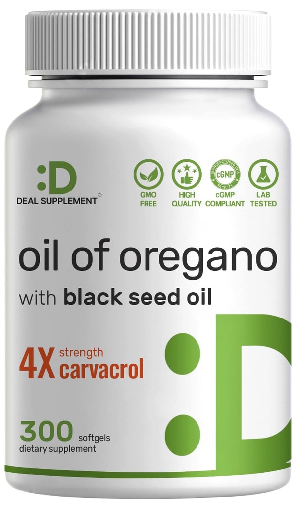 DEAL TILLÆG Olie af Oregano Softgels med Black Seed Oil 300 Count - 30: 1 Uddrag, Active Carvacrol & Thymoquinon - Antioxidant immunforsvar - Plantebaseret, Non- GMO
