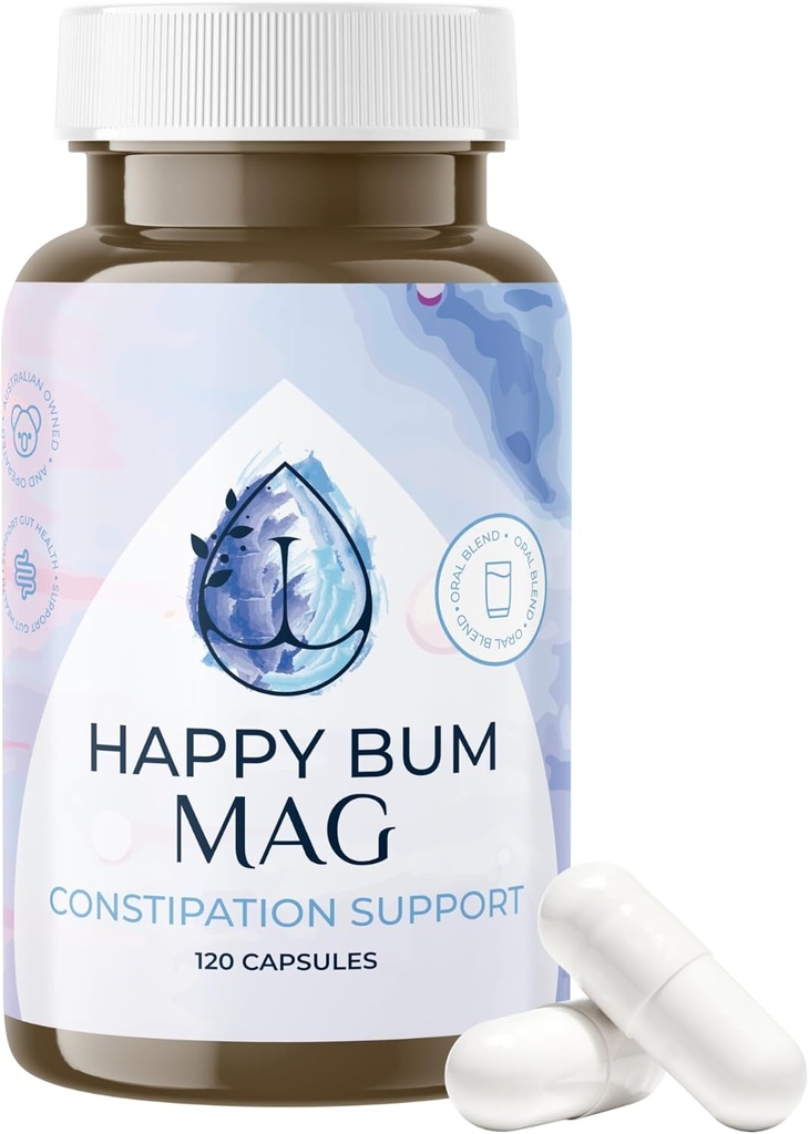 Happy Bum MAG Magnesium Oxide for Constipation for Women and Men | Gentle Magnesium Constipation Relief & Colon Cleansing Support, Softens Stool, and Eases Bloating | 120 Capsules
