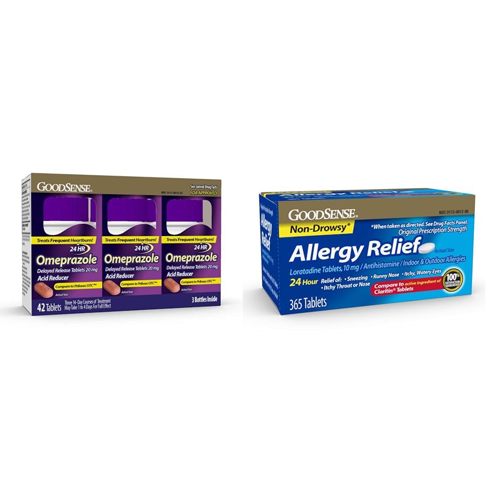 GoodSense Omeprazol Tablets 20mg 14 Count Pack of 3 & Loratadine Tablets 10mg 365 Count Allergy Relief Antihistamin