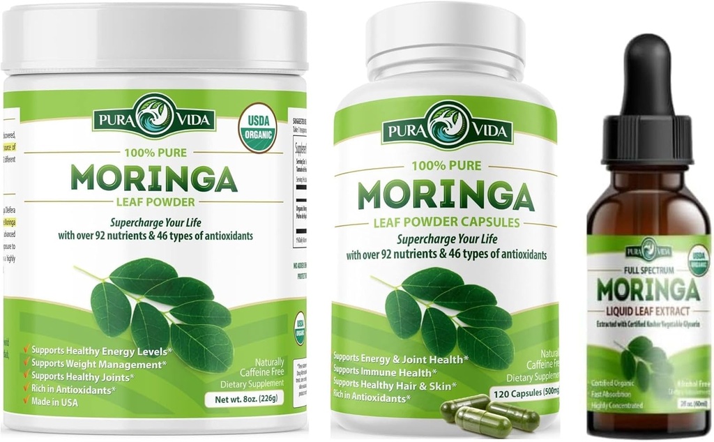 PURA VIDA MORINGA Powder 8 oz kapsler (120 Greve) og Moringa Leaf Extract Drops (2fl oz)