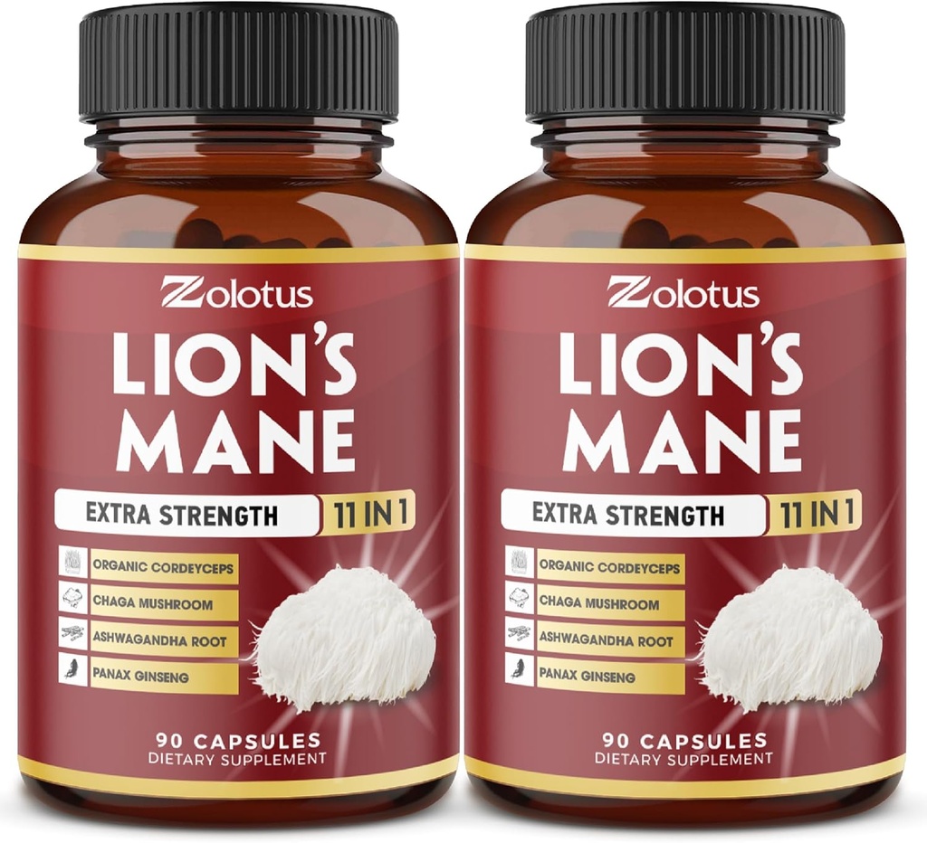Zolotus 2 Pakker 90 Kapsler Lions Mane Mushroom Supplement, 6 Måned Supply with Cordeyceps, Reishi, Ashwagandha, Focus, Hukommelse og Brain Support Supplement, Immunstøtte, Energipiller