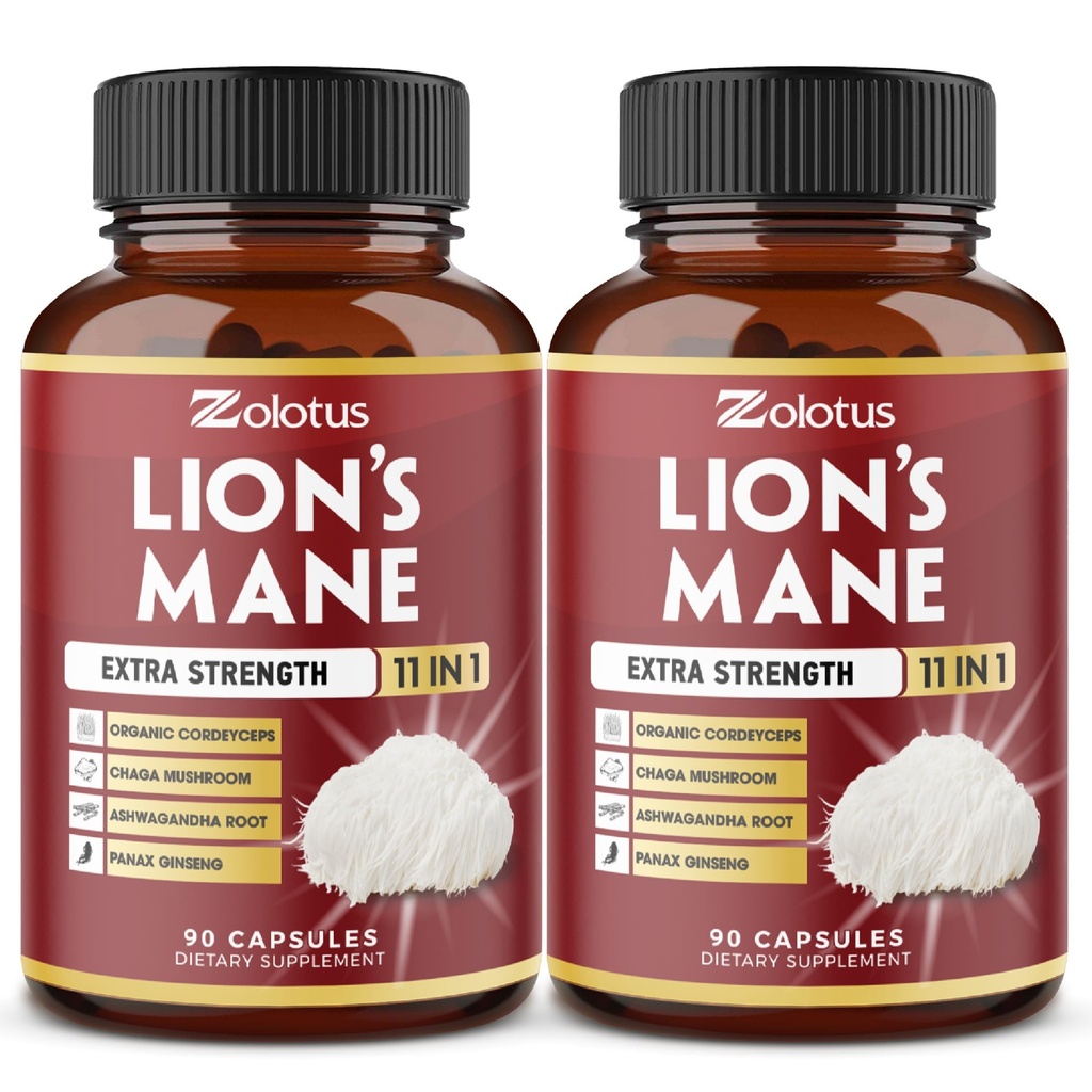Zolotus 2 Pakker 90 Kapsler Lions Mane Mushroom Supplement, 6 Måned Supply with Cordeyceps, Reishi, Ashwagandha, Focus, Hukommelse og Brain Support Supplement, Immunstøtte, Energipiller