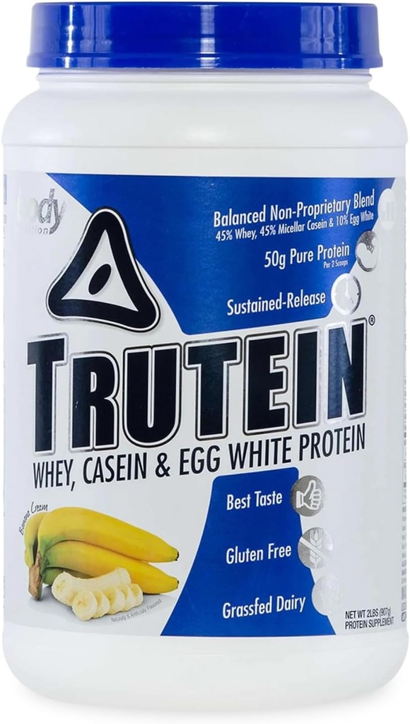 Krop Nutrition Trutein High Protein Powder: 45% Whey, 45% Casein, 10% Egg White, Gluten- Free, Lavnatrium, Græs Fed Whey Protein Powder, Gym Supplement & Breakfast Shake, Banan Cream, 2lb