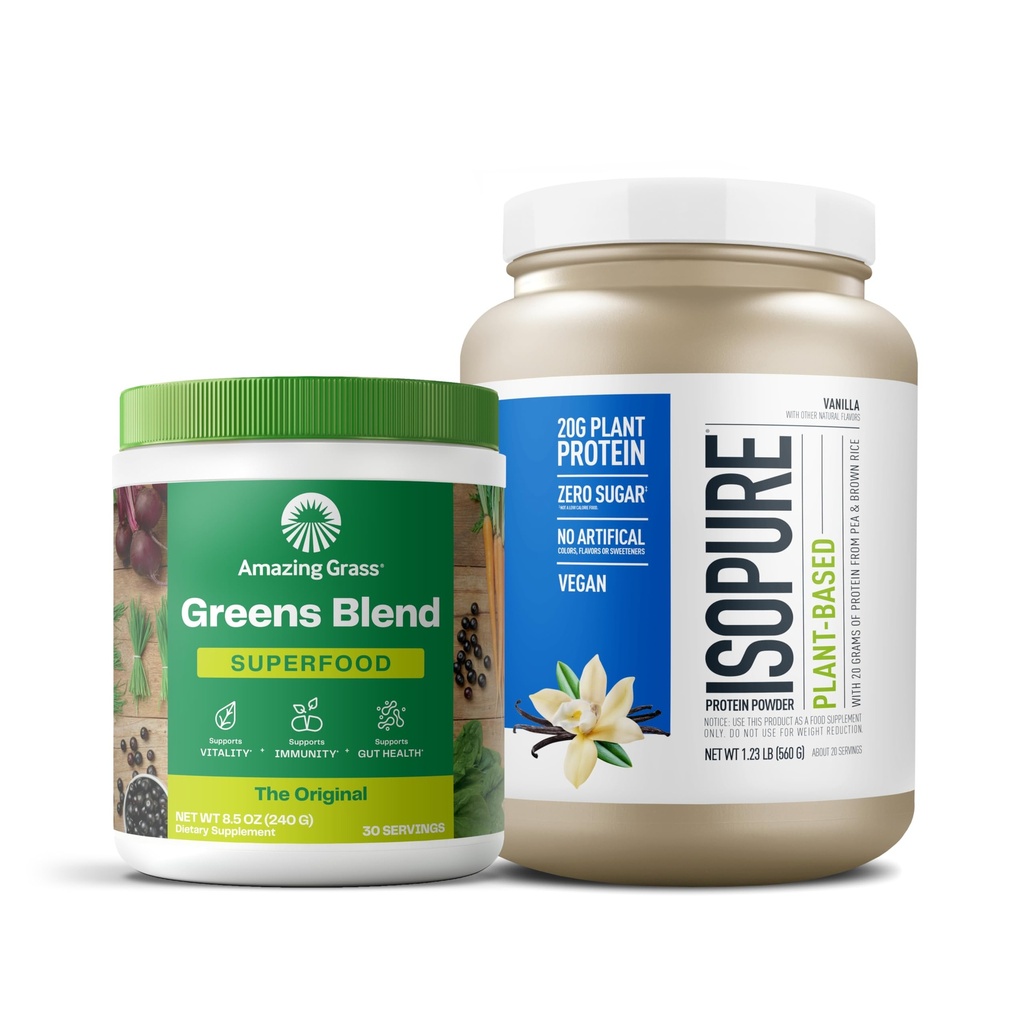 Bundle of Amazing Grass Green Superfood Powder: Original, 30 Servere + Isopure Vanilla Vegan Protein Powder, Plant Based, Organic Pea Protein, Dairy Free, 20 Servere (Packaging May Vary)