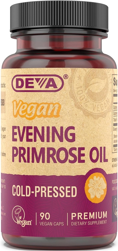 DEVA Vegan Aften Primrose Oil, Cold- Presset, Uraffineret, 90 Kapsler, 1- Pack