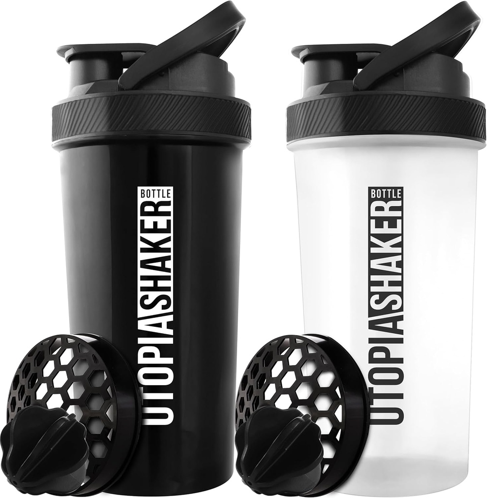 Utopia Home Protein Shaker Flaske - (Pakke af 2) 28- Ounce Shaker flasker For Protein Mixes - Fitness Sport Classic Protein Mixer Flaske (Sort & Klar / Sort)
