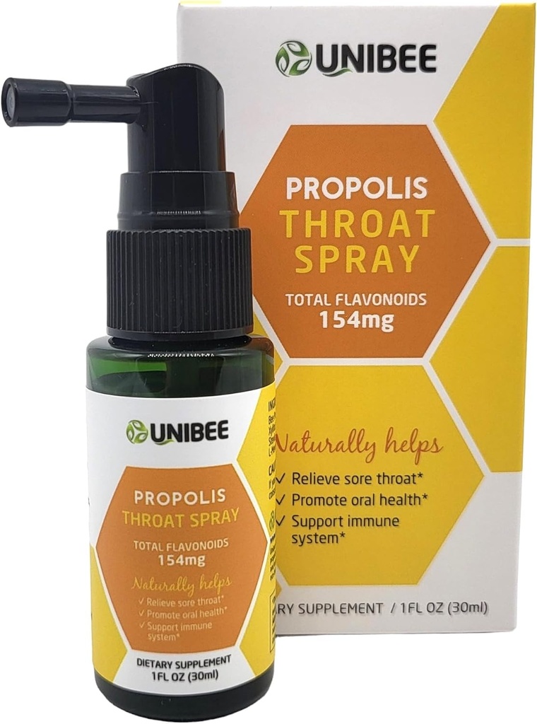 UNIBEE Propolis Throat Spray (Total Flavonoids 154mg) - Sore Throat Relief, Oral Health Promotion, Naturlig immunforsvar, Alkohol- Free & Vand- Opløselig Propolis