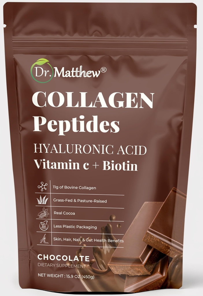 Chokoladepulver. Collagen med Hyaluronsyre og C-vitamin. Chokolade Collagen Peptider Pulver Chokolade. Kollagen med C-vitamin & biotin til hår, hud, negle, fælles. Keto, type 1 og 3.