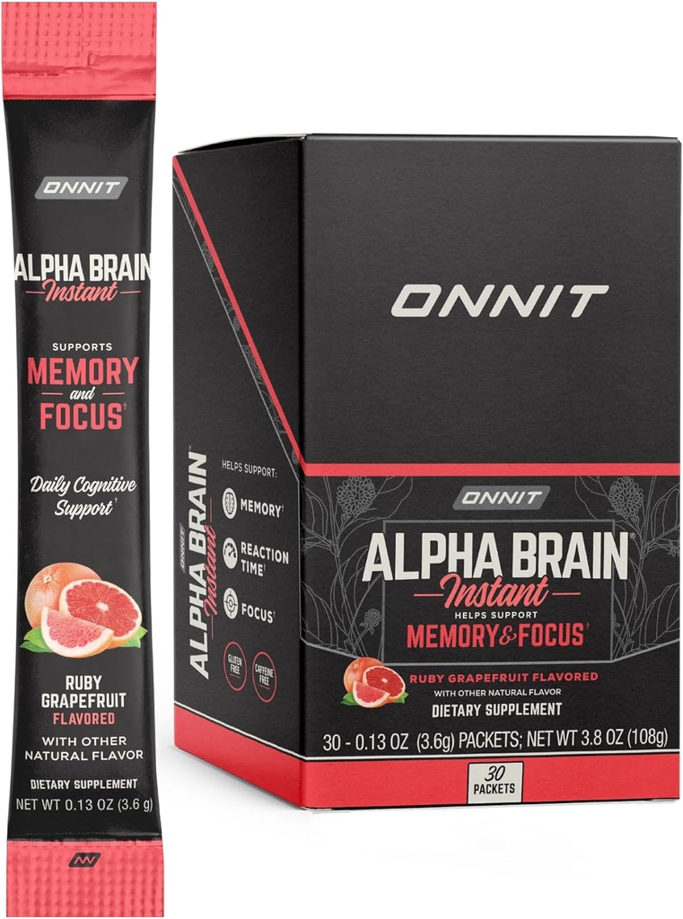 ONNIT Alpha Brain Instant - Ruby Grapefruit Flavor - Nootropic Brain Booster Memory Supplement - Brain Support for Focus, Energy & Clarity - Alpha GPC Choline, Cats Claw, L-Theanine, Bacopa - 30ct